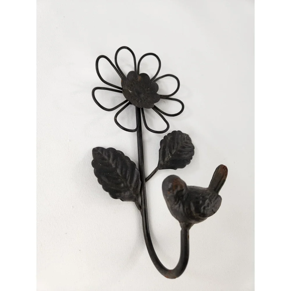 Bird and Flower Decorative Cast Metal Wall Mount Rustic Hook Daisy Cottagecore